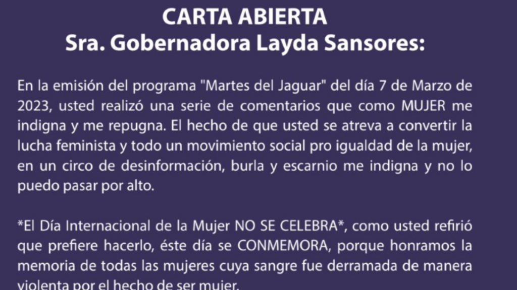 Parte de la carta que agrupaciones feministas enviaron a la gobernadora Layda Elena Sansores San Román.